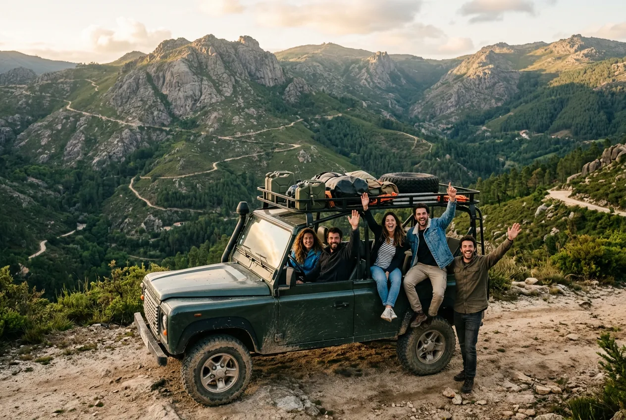 Viatura 4x4 GlamTours num caminho de montanha no Norte de Portugal com um pequeno grupo