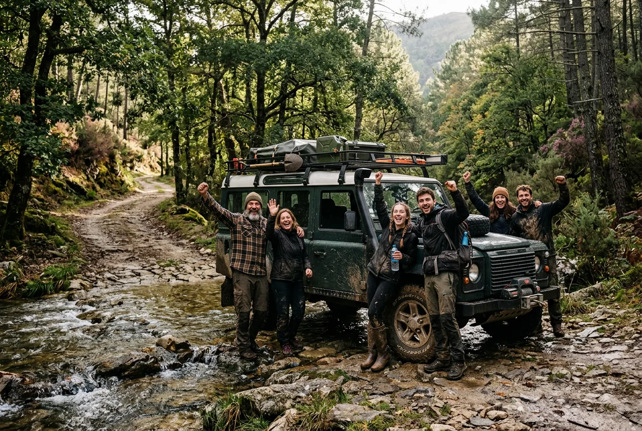 Guia local e pequeno grupo junto a uma viatura 4x4 GlamTours num percurso de montanha