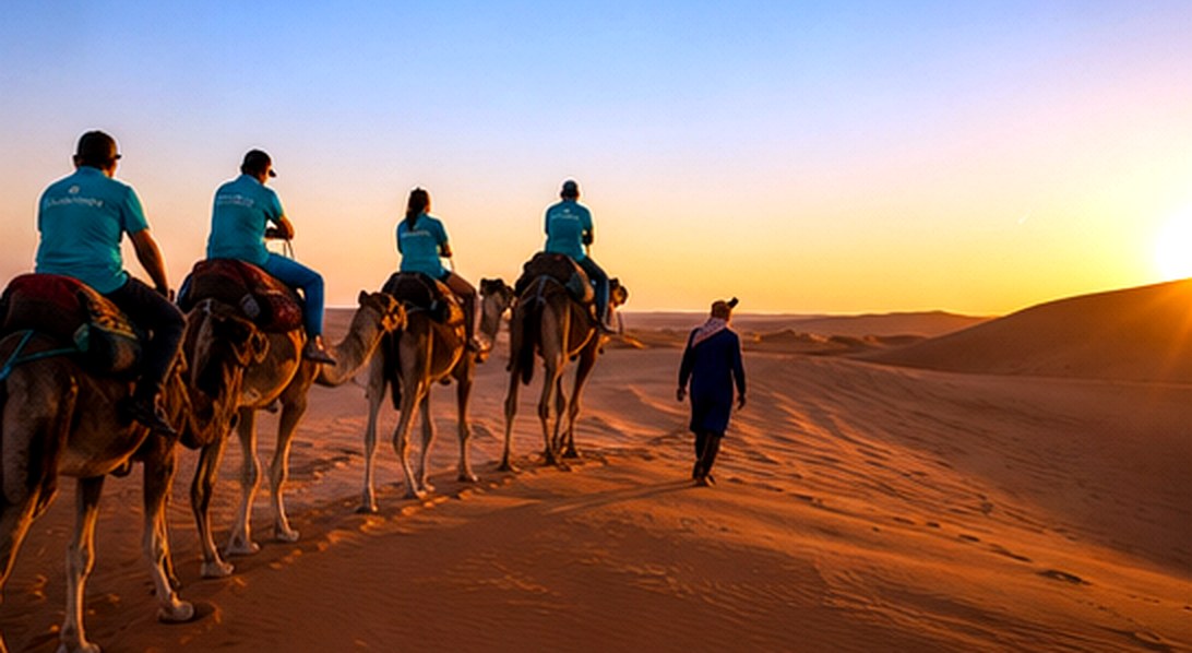 Camelos no deserto do Sahara ao pôr do sol